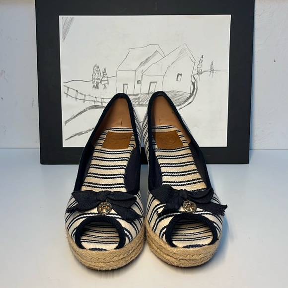 Tory Burch Jackie Striped Peep-Toe Wedge  Women’s Size US 11 B - Picture 2 of 15